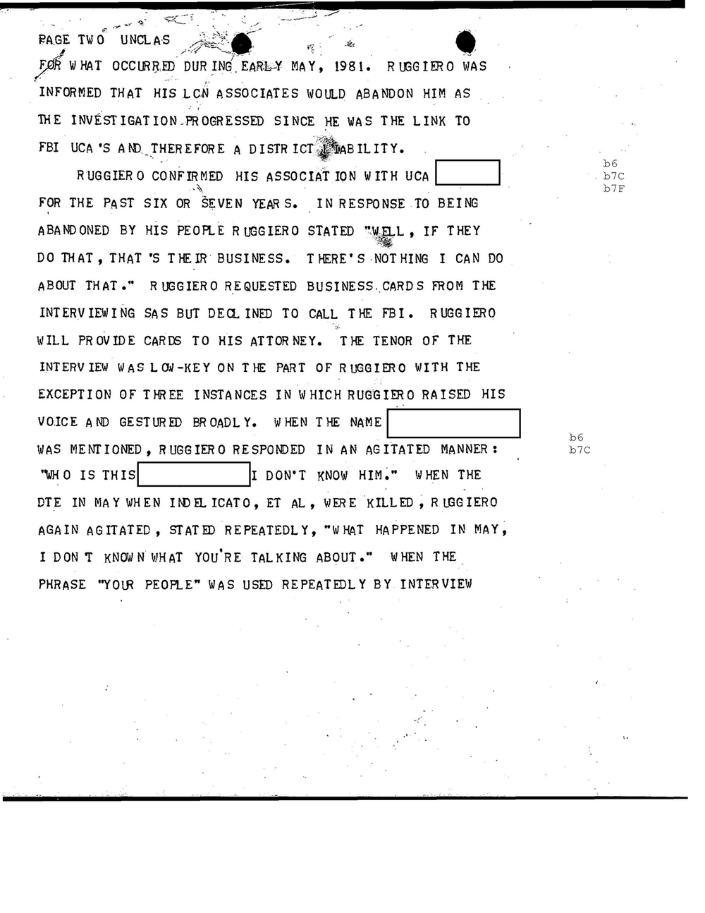 Viewer page 326 of Part 01 of the FBI Vault's Operation Donnie Brasco file: page two of a teletype stating that Ruggiero confirmed his association with the UCA for the past six or seven years, with names redacted