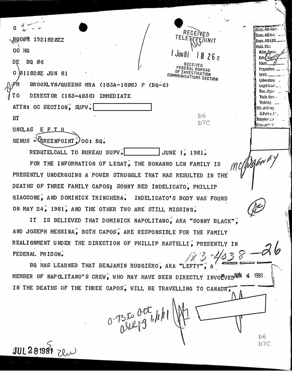 Viewer page 97 of Part 01 of the FBI Vault's Operation Donnie Brasco file: an immediate teletype of June 1, 1981 from Brooklyn/Queens to the Director, captioned Genus-Greenpoint, reporting the deaths of three Bonanno family capos and stamped received June 1, 1981