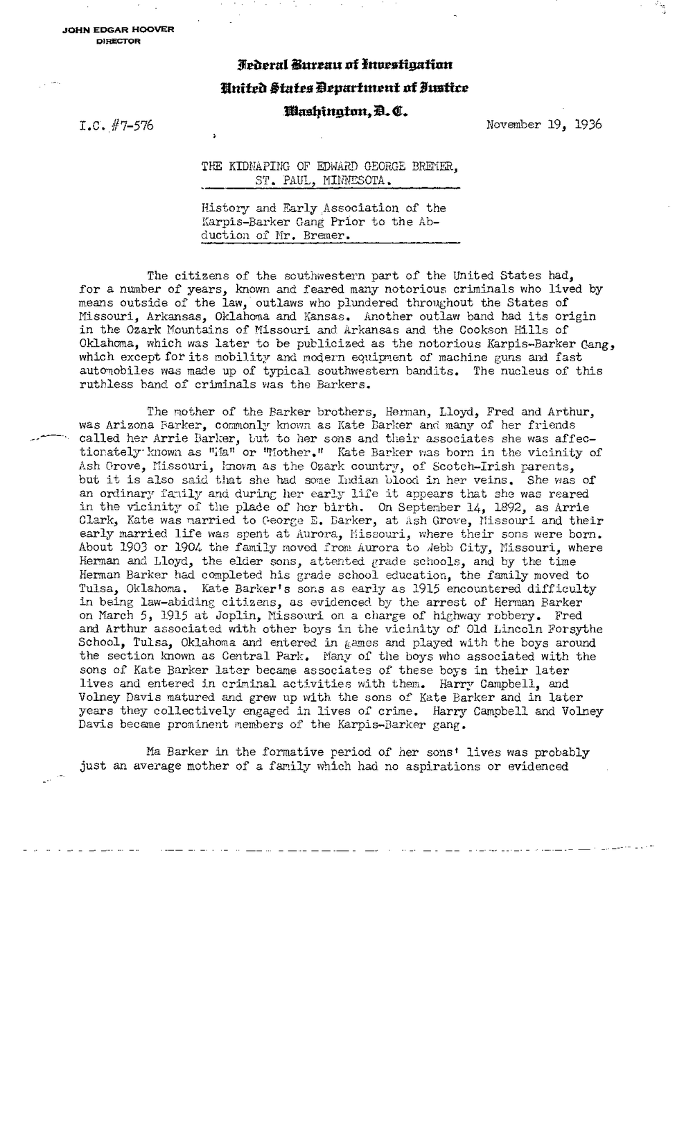 First page of a typed FBI document, I.C. #7-576, dated November 19, 1936, headed The Kidnaping of Edward George Bremer, St. Paul, Minnesota, History and Early Association of the Karpis-Barker Gang, from the FBI Vault Bremer Investigation Summary, page 1