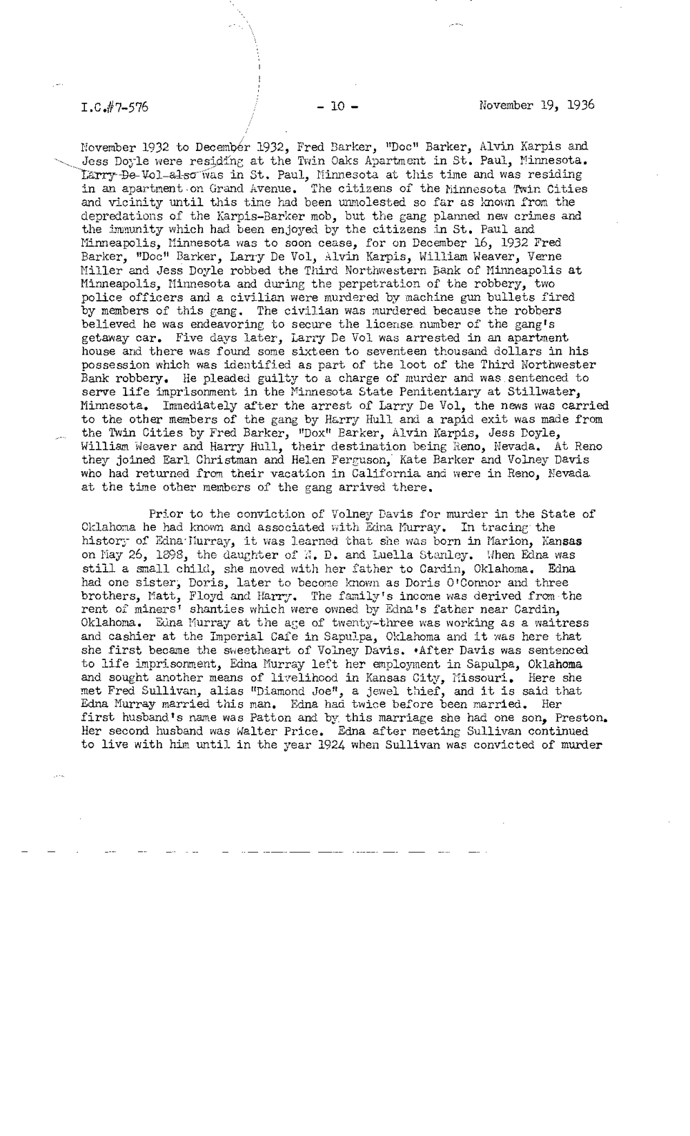 Typed FBI report page numbered 10, I.C. #7-576, dated November 19, 1936, from the FBI Vault Bremer Investigation Summary, page 10