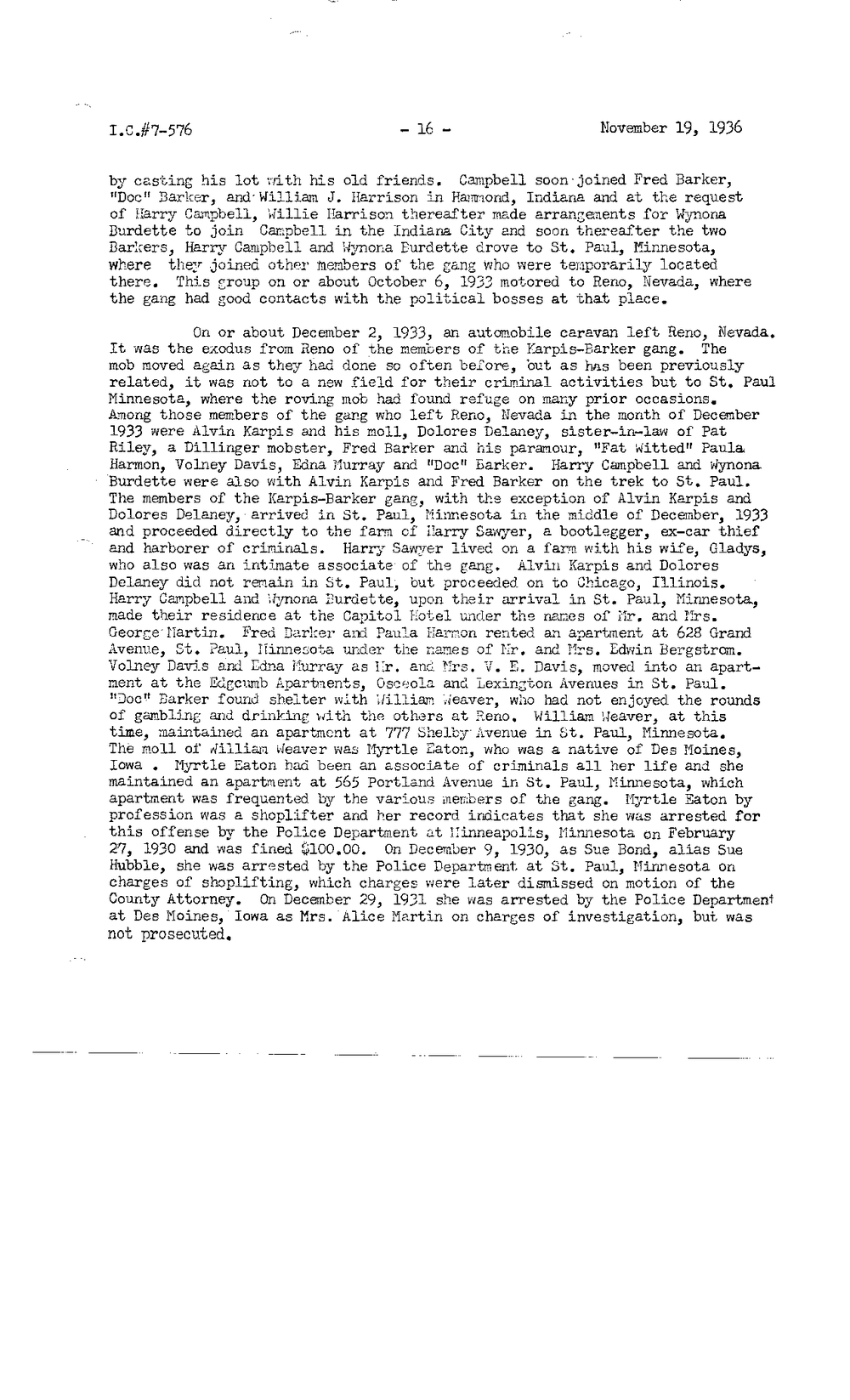 Typed FBI report page numbered 16, I.C. #7-576, dated November 19, 1936, describing the gang's departure from Reno in December 1933, from the FBI Vault Bremer Investigation Summary, page 16