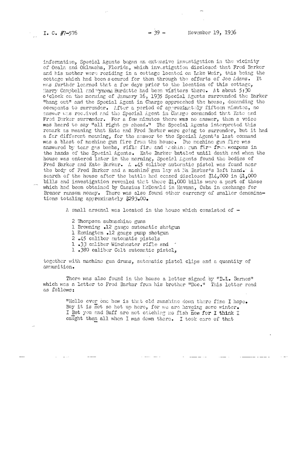 Typed FBI report page numbered 39, I.C. #7-576, dated November 19, 1936, describing the January 16, 1935 raid at Lake Weir and listing the weapons found, from the FBI Vault Bremer Investigation Summary, viewer page 40