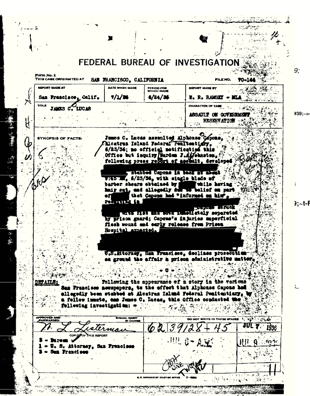 First page of the FBI report of 1 July 1936 on the assault on Capone at Alcatraz, from the FBI Vault, Part 17