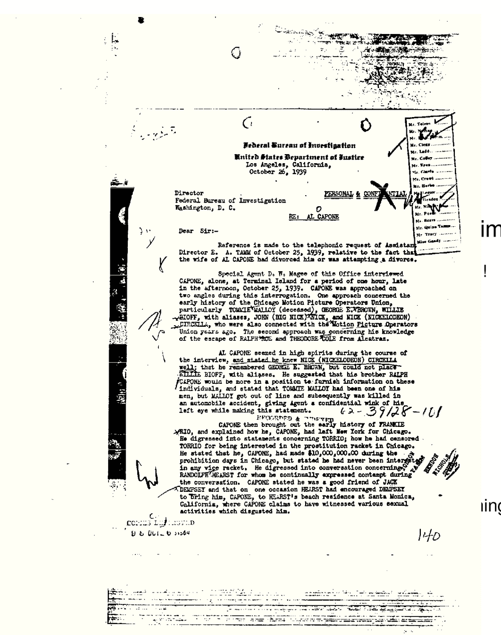 First page of the Los Angeles office's letter of October 1939 reporting the agent's interview of Capone at Terminal Island, from the FBI Vault, Part 18