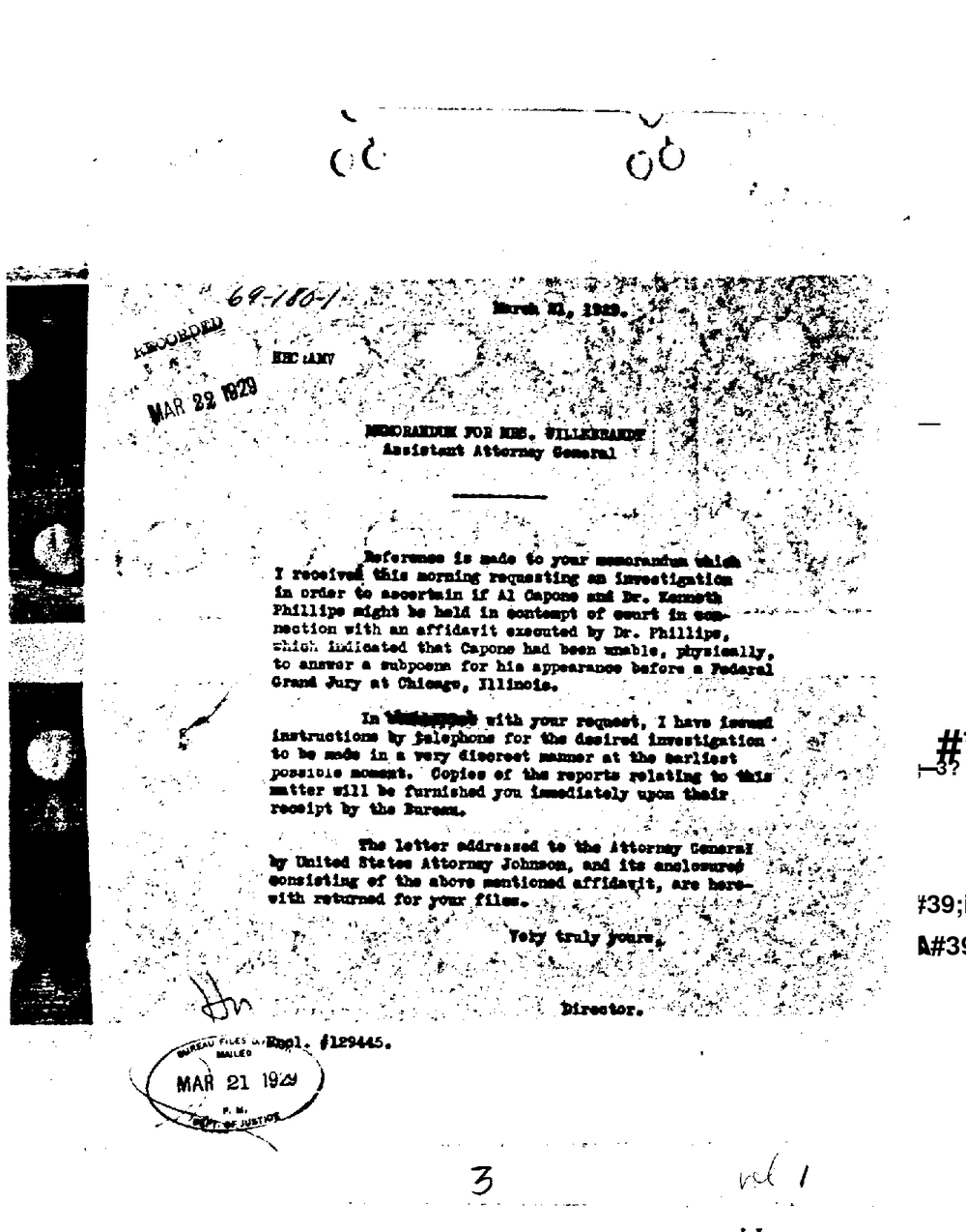 First page of the Director's memorandum of 21 March 1929 to Assistant Attorney General Willebrandt on the Capone contempt inquiry, from the FBI Vault, Part 23