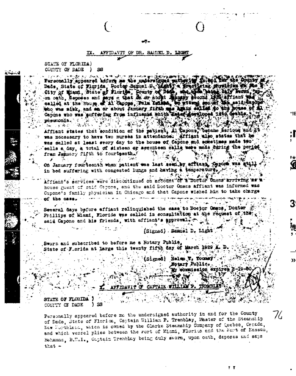 Typed page 7 of the Miami affidavits, with the affidavit of Dr. Samuel D. Light sworn 25 March 1929, from the FBI Vault, Part 24