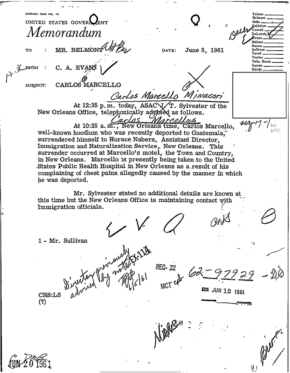 Viewer page 131 of Part 01 of the FBI Vault's Carlos Marcello file: a memorandum from C. A. Evans to Mr. Belmont dated June 5, 1961, subject Carlos Marcello, reporting his surrender to the Immigration and Naturalization Service in New Orleans