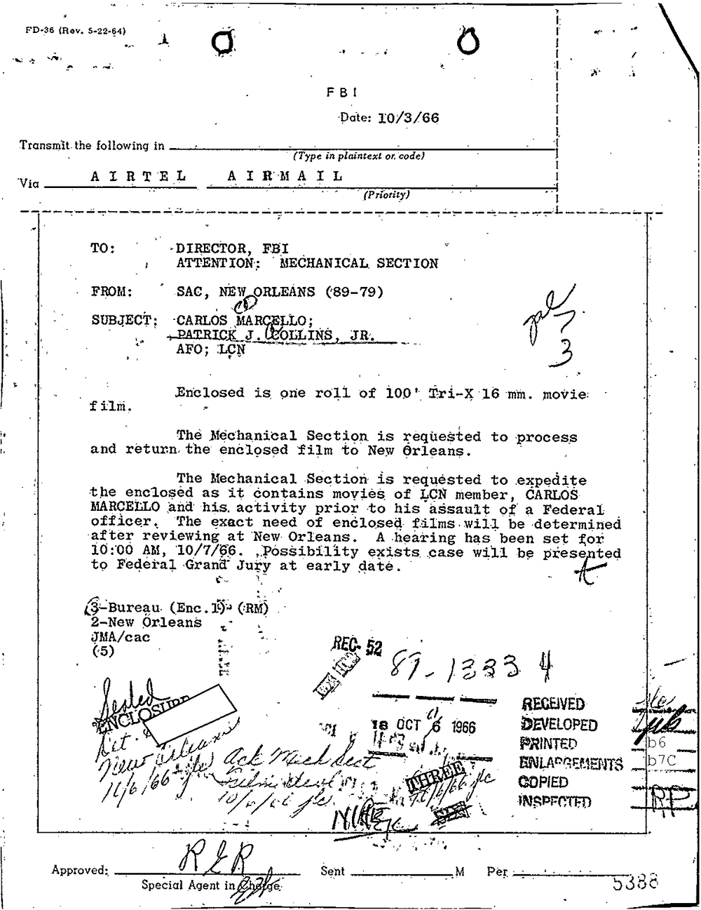 Viewer page 200 of Part 02 of the FBI Vault's Carlos Marcello file: an airtel dated 10/3/66 from SAC, New Orleans (89-79) to the Director, FBI, Attention Mechanical Section, subject Carlos Marcello; Patrick J. Collins, Jr.; AFO; LCN, enclosing 16 mm movie film