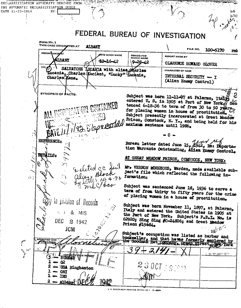 Viewer page 7 of Part 01 of the FBI Vault's Charles (Lucky) Luciano / Salvatore Lucania file: an FBI report made at Albany on 10-16-42 by Clarence Howard Glover, file 100-5170, titled Salvatore Lucania with aliases, Internal Security - I (Alien Enemy Control), with a synopsis of his 1936 sentence and his confinement at Great Meadow Prison
