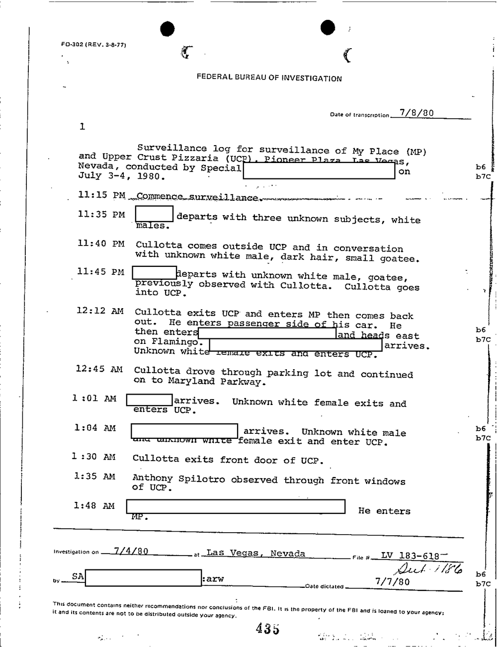 Scan 18 of Part 01 (Final) of the FBI Vault's Frank Cullotta file: an FD-302 surveillance log of My Place and the Upper Crust Pizzaria, Pioneer Plaza, Las Vegas, for July 3-4, 1980, file LV 183-618, with agents' and others' names redacted