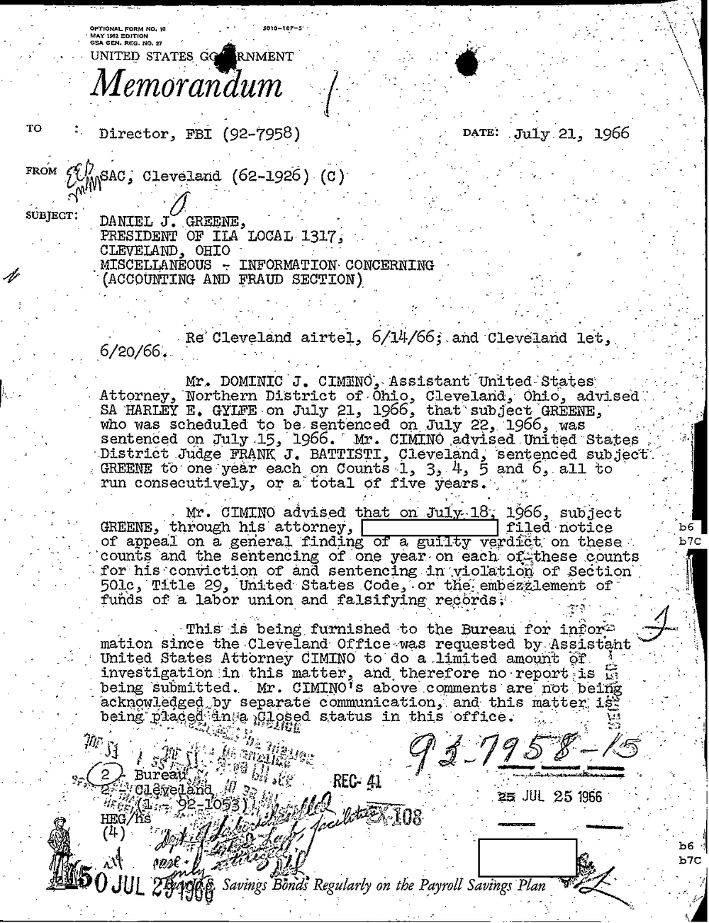 FBI memorandum of July 21, 1966 from SAC Cleveland to the Director about Daniel J. Greene, President of ILA Local 1317, reporting his sentence by Judge Frank J. Battisti