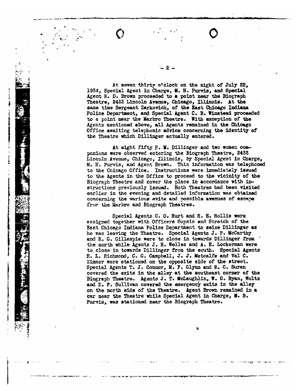 Typed page numbered 2 of a Bureau report describing agents' positions near the Biograph Theatre on Lincoln Avenue, Chicago, on the night of July 22, 1934.