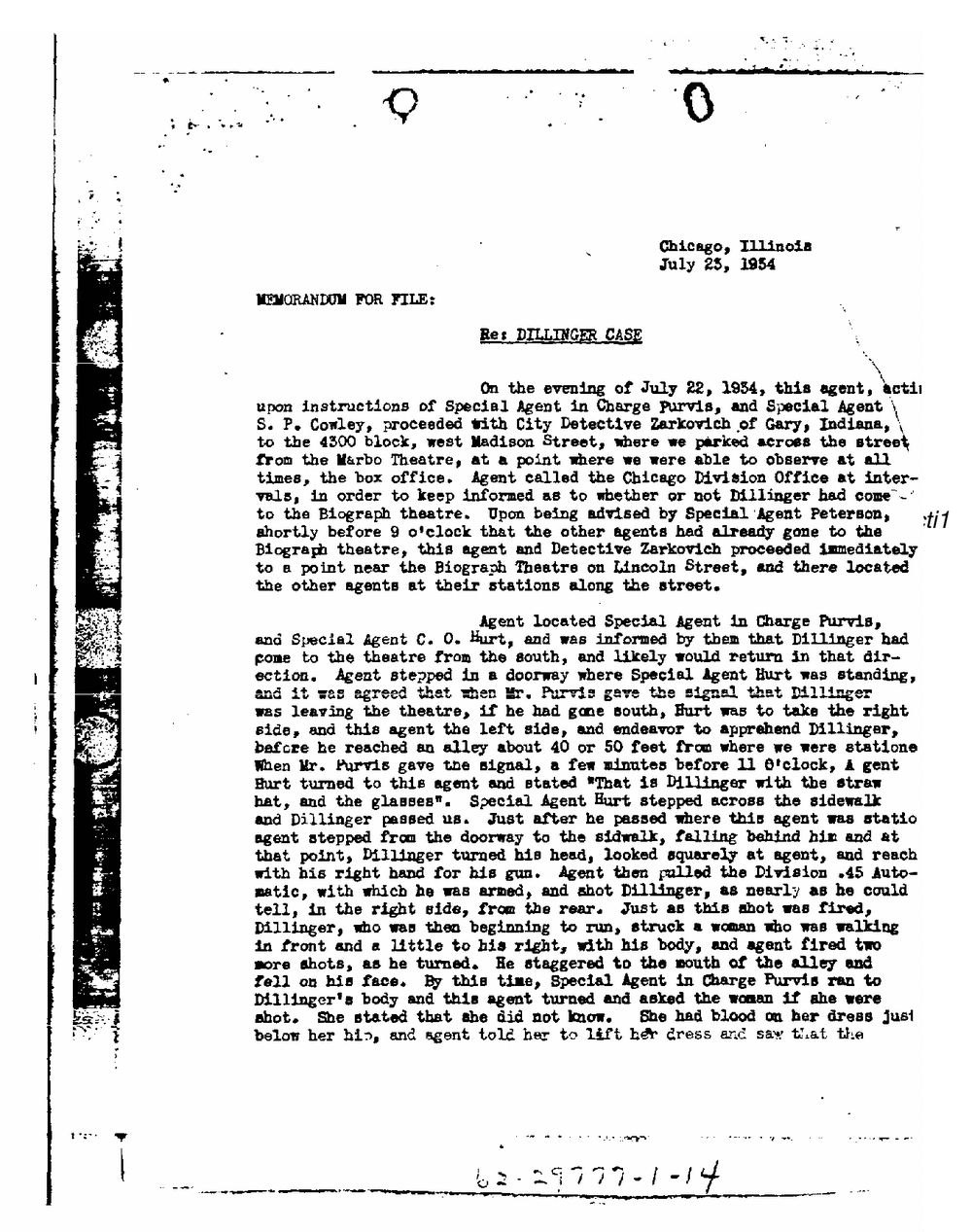 First page of a typed memorandum for file by Special Agent C. B. Winstead concerning the Dillinger case.