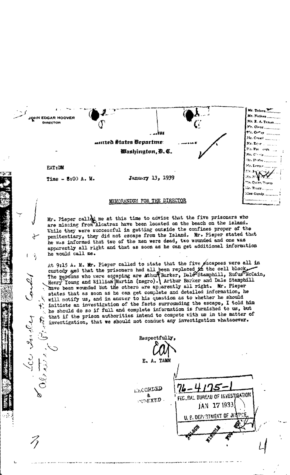 Typed memorandum for the Director dated January 13, 1939, signed by E. A. Tamm, with a routing list at the right and a Federal Bureau of Investigation file stamp reading 76-4175-1 at the lower right.