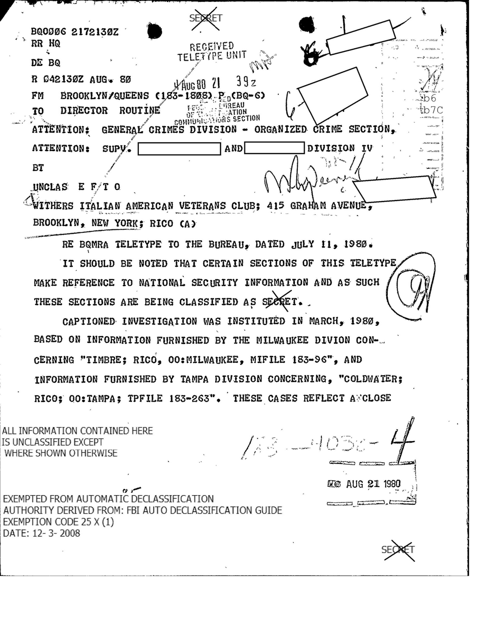 Viewer page 14 of Part 01 of the FBI Vault's Operation Donnie Brasco file: a teletype of August 4, 1980 from Brooklyn-Queens (183-1808) to the Director, captioned Withers Italian American Veterans Club, 415 Graham Avenue, Brooklyn, RICO, with supervisors' names redacted