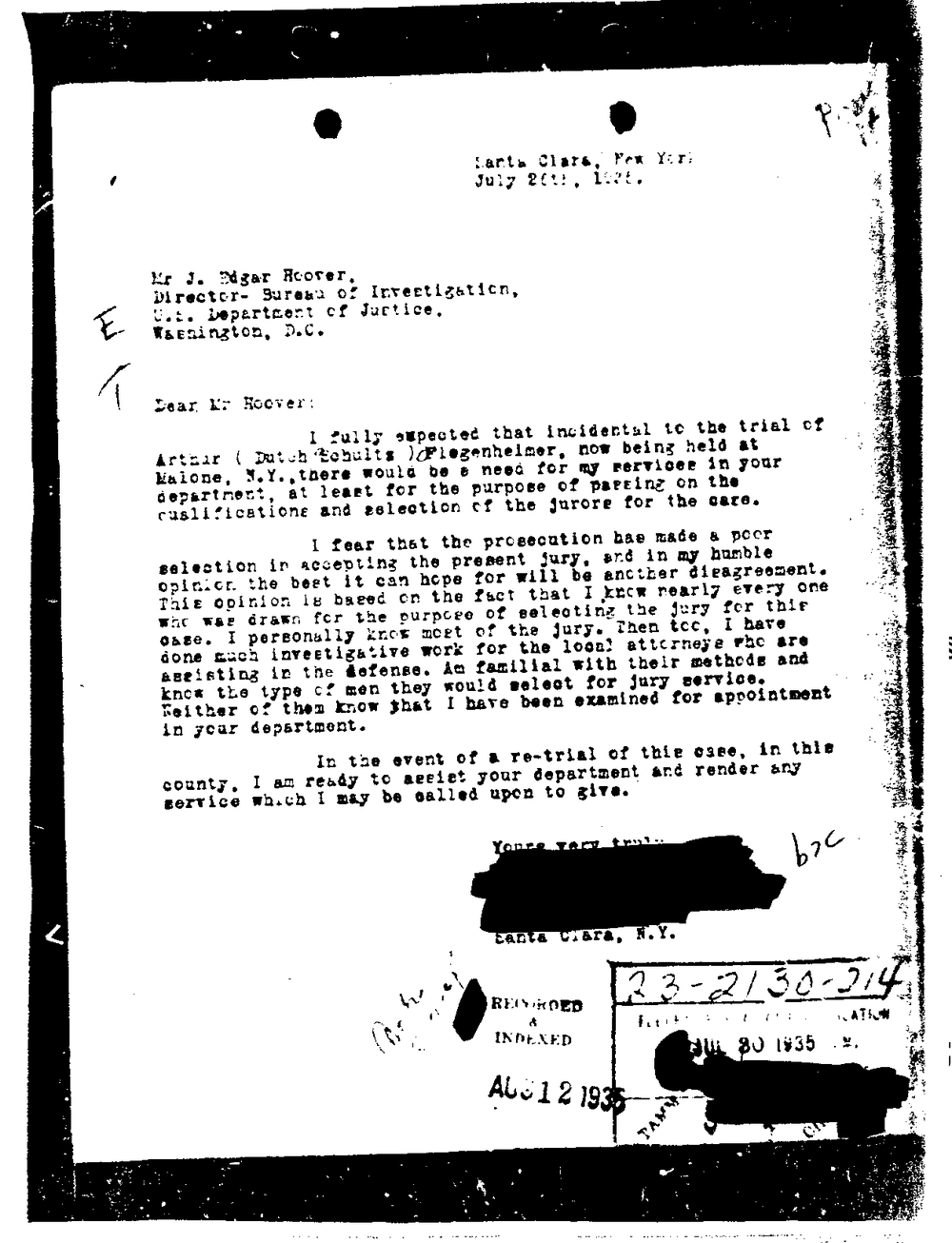 Typed letter of July 1935 addressed to J. Edgar Hoover about the trial of Arthur Flegenheimer at Malone, New York, with the signature redacted and the serial 23-2130-214 stamped at the foot, from the FBI Vault, Dutch Schultz Part 01, page 17
