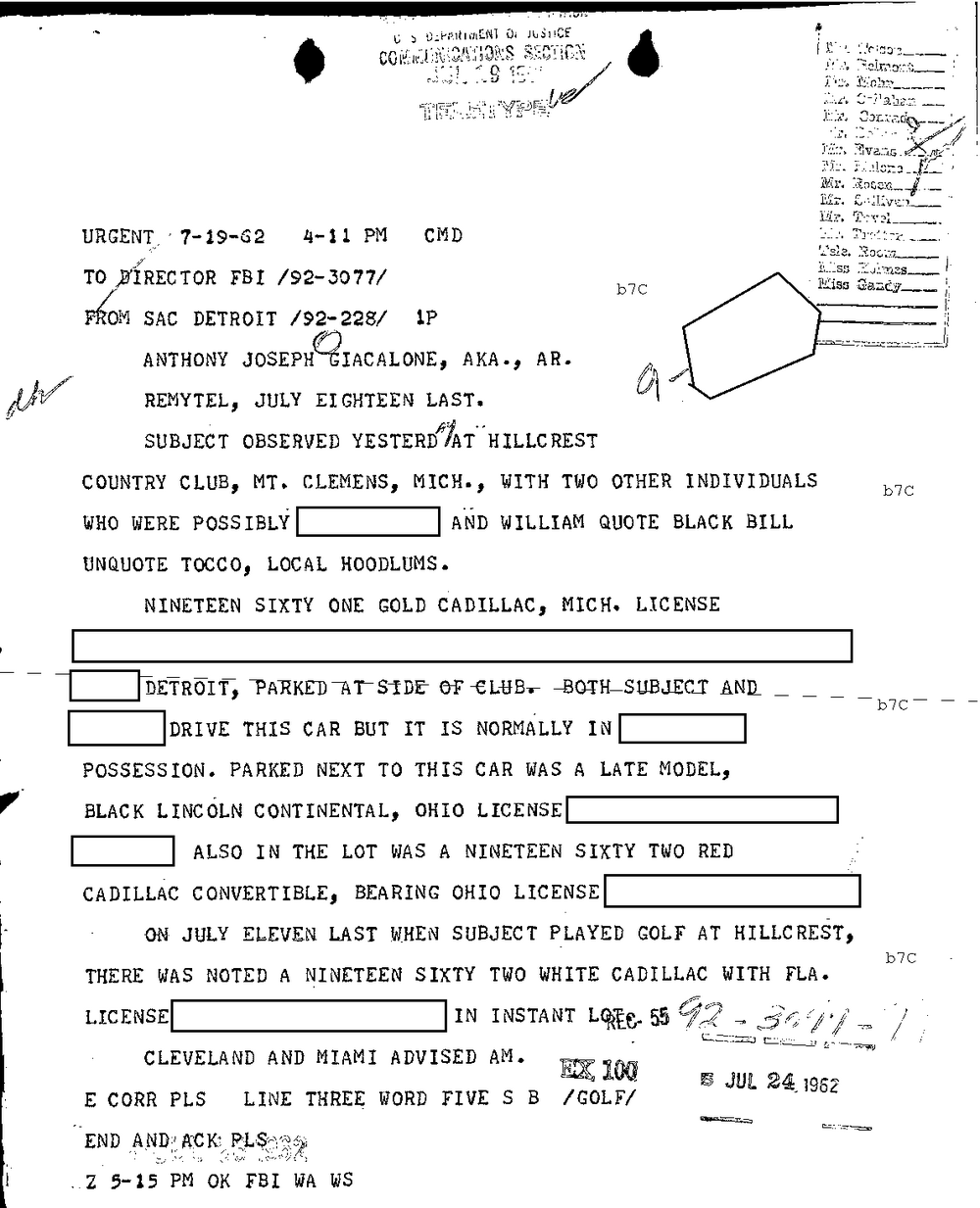 FBI teletype marked Urgent 7-19-62 from SAC Detroit to Director FBI about Anthony Joseph Giacalone at the Hillcrest Country Club, Mt. Clemens, with license numbers redacted
