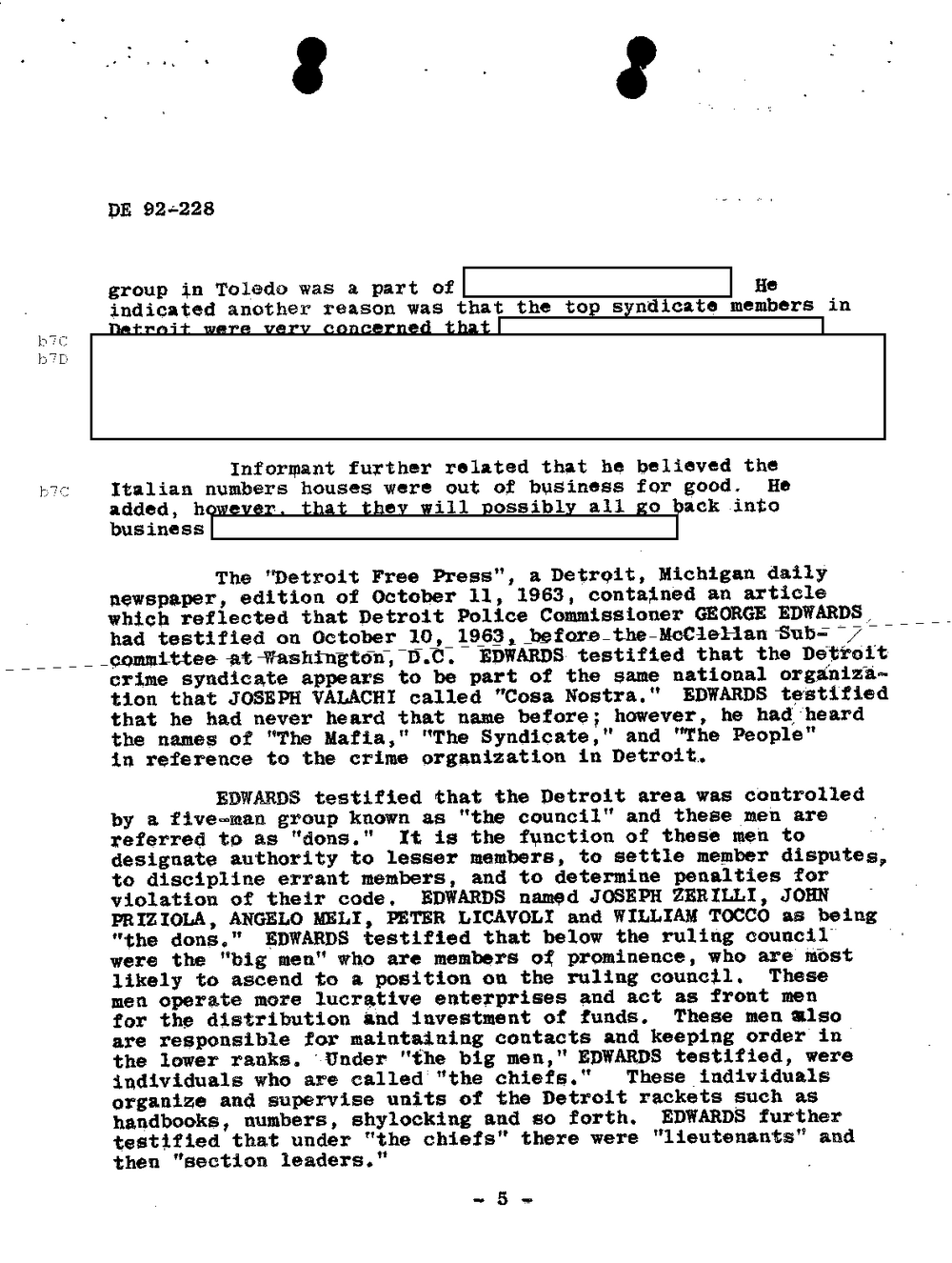 Typed FBI report page headed DE 92-228 and numbered 5, summarizing a Detroit Free Press article of October 11, 1963 on Commissioner George Edwards's testimony