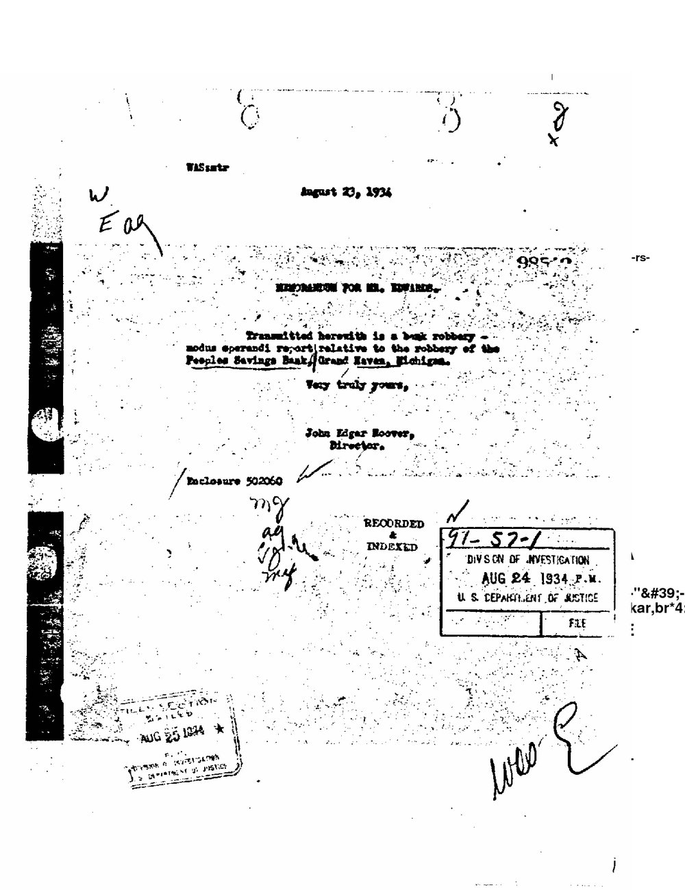 Typed memorandum dated August 23, 1934, Memorandum for Mr. Edwards, signed John Edgar Hoover, Director, with a Division of Investigation file stamp of August 24, 1934 and handwritten notations.