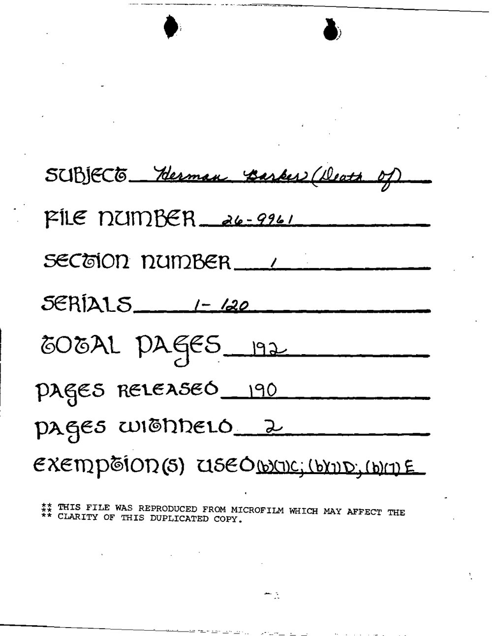 Handwritten FOIA file cover sheet reading Subject Herman Barker (Death of), File Number 26-9961, Section Number 1, Serials 1-120, Total Pages 192, Pages Released 190, Pages Withheld 2.