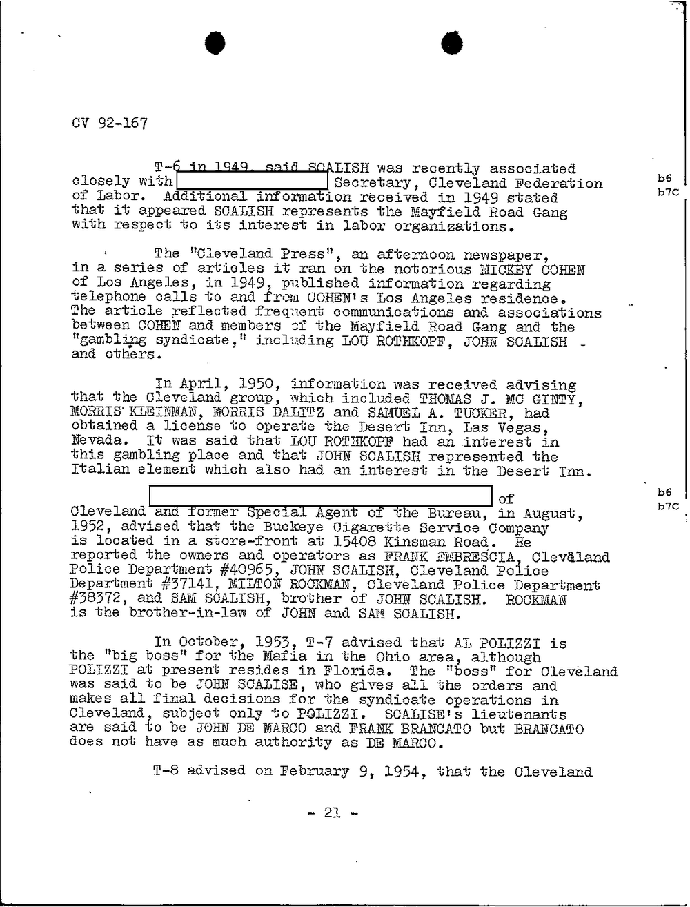 FBI report page headed CV 92-167 and numbered 21, summarizing informant reports on John Scalish, the Desert Inn and the Buckeye Cigarette Service Company