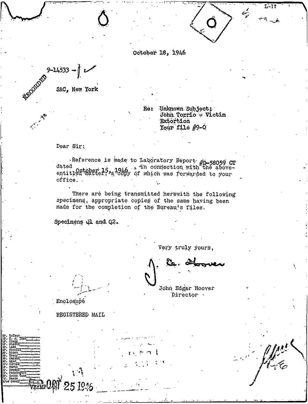 Viewer page 1 of the FBI Vault's John Torrio file: a letter from John Edgar Hoover, Director, to SAC, New York, dated October 18, 1946, re Unknown Subject; John Torrio - Victim; Extortion, returning specimens Q1 and Q2