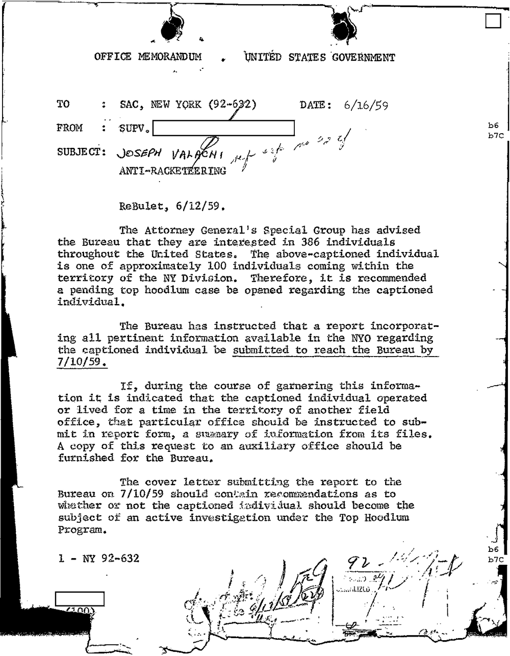 Viewer page 5 of Part 01 of the FBI Vault's Joseph Valachi file: an Office Memorandum dated 6/16/59 to SAC, New York (92-632), subject Joseph Valachi, Anti-Racketeering, recommending that a top hoodlum case be opened, with the supervisor's name redacted