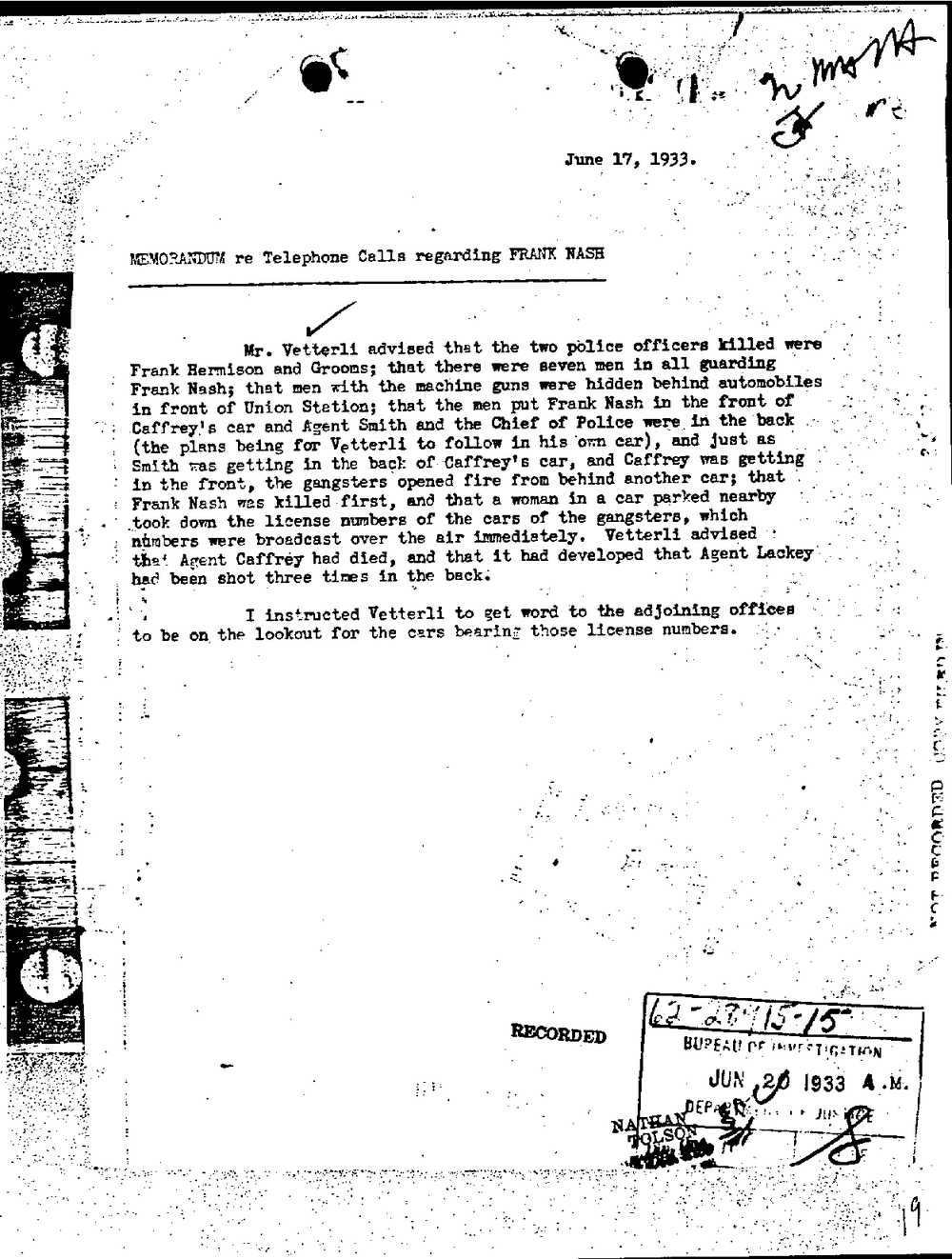 Viewer page 22 of Part 01 of the FBI Vault's Kansas City Massacre file: a typed memorandum of June 17, 1933 re telephone calls regarding Frank Nash