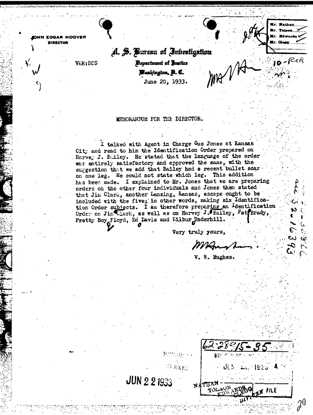 Viewer page 23 of Part 02 of the FBI Vault's Kansas City Massacre file: a memorandum for the Director dated June 20, 1933 on identification orders