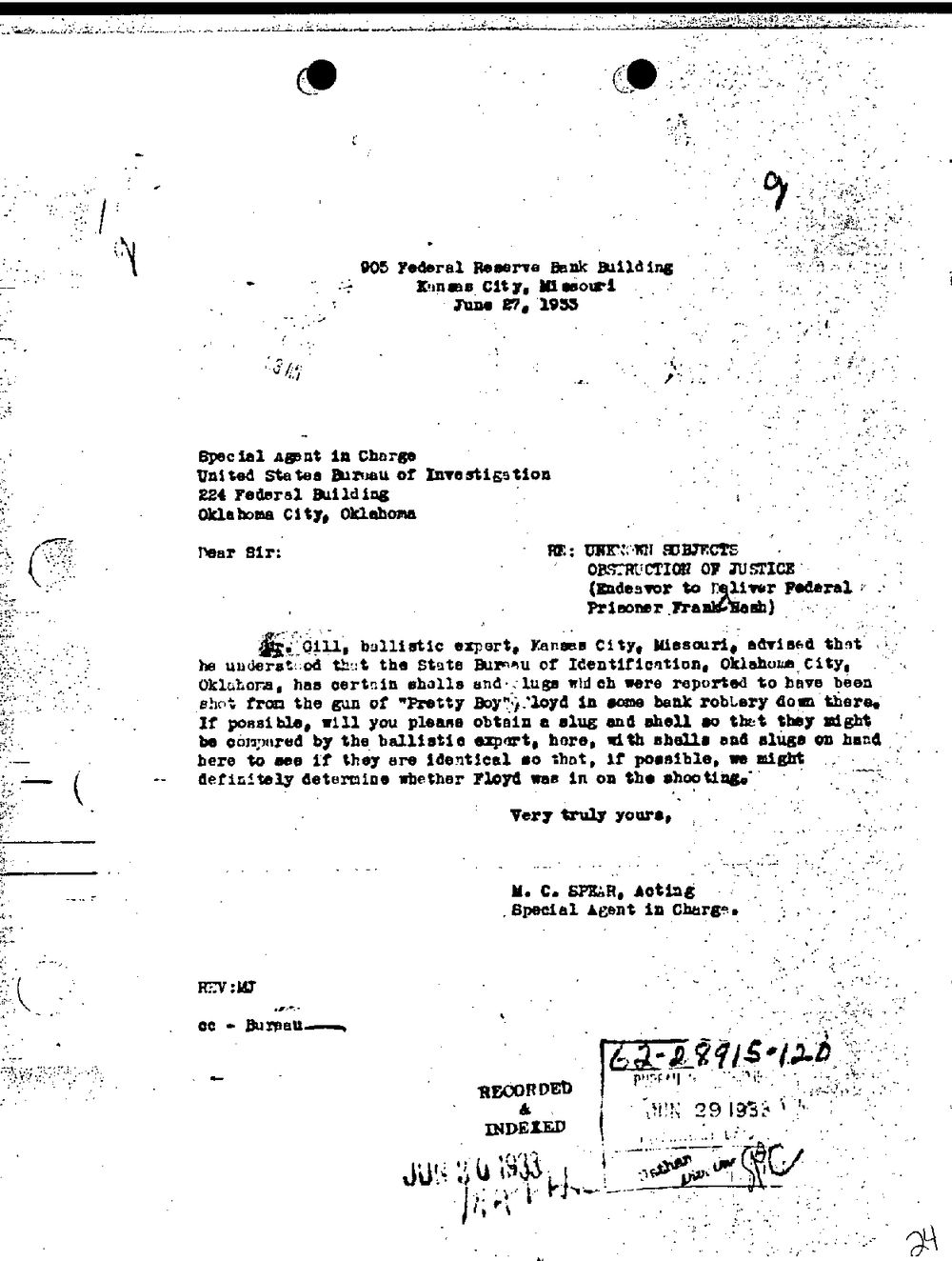 Typed letter from the Kansas City office dated June 27, 1933, requesting a slug and a shell for ballistic comparison.
