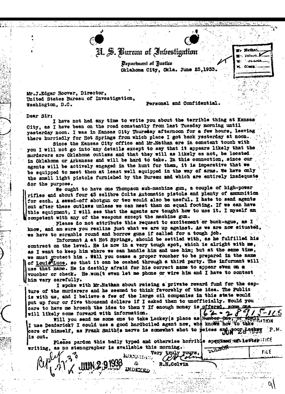 Typed letter from the Oklahoma City office to the Director of the Division of Investigation, dated June 25, 1933.