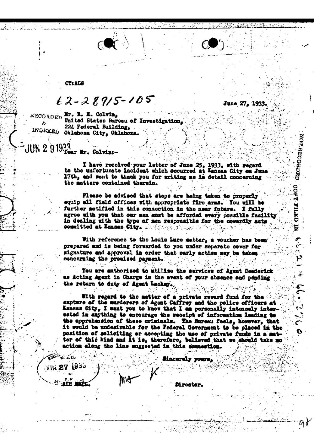 Typed letter from the Director of the Division of Investigation to the Oklahoma City office, dated June 27, 1933.