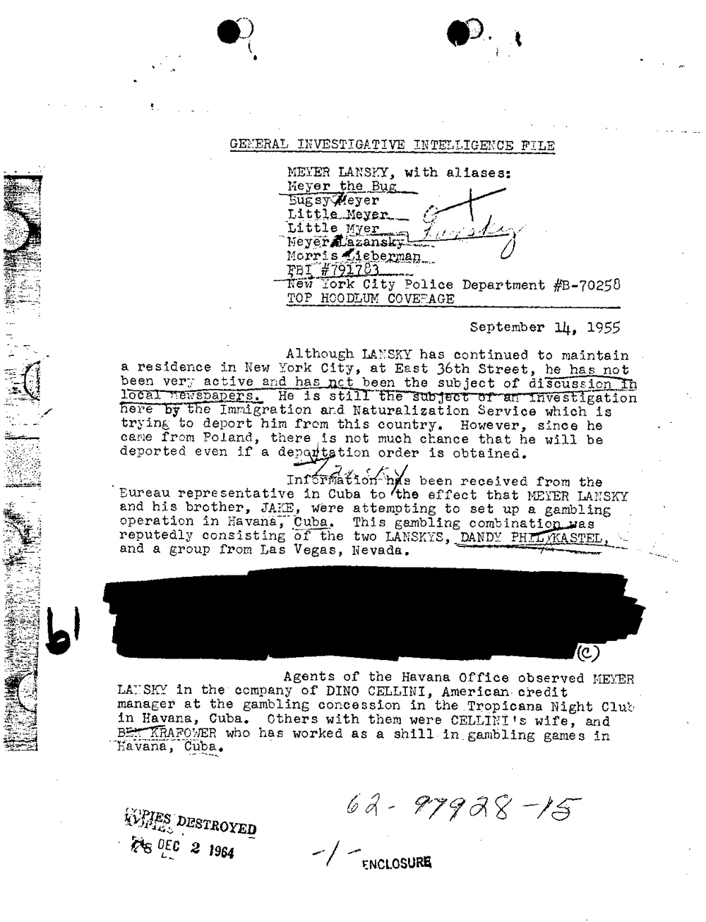 Page 64 of Part 01 of the FBI Vault's Meyer Lansky file: a Top Hoodlum Coverage summary dated September 14, 1955, with a redacted passage