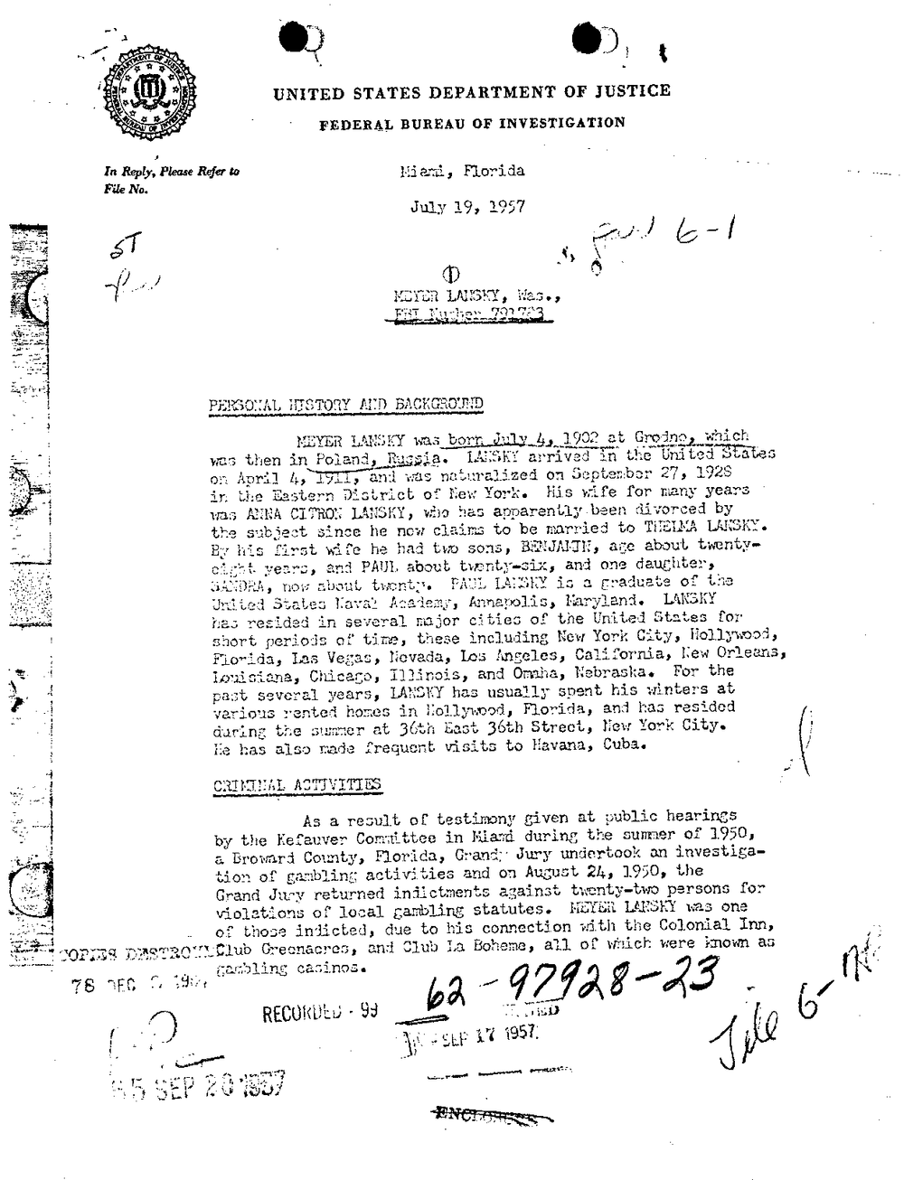 Opening page of an FBI Miami report on Meyer Lansky dated July 19, 1957, from Part 01 of the FBI Vault file, with Personal History and Criminal Activities sections