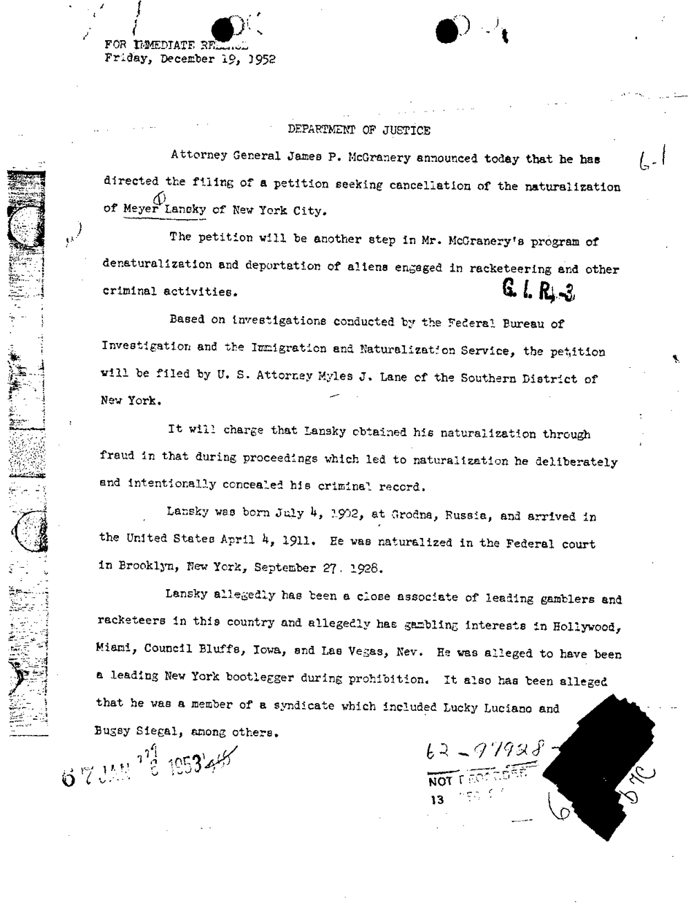 Typed Department of Justice press release for release Friday, December 19, 1952, on a petition to cancel the naturalization of Meyer Lansky, from the FBI Vault, Meyer Lansky Part 01, scan 4