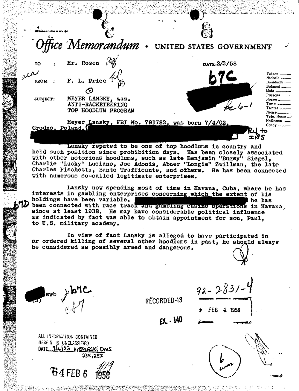 Viewer page 10 of Part 03.1 of the FBI Vault's Meyer Lansky file: a United States Government Office Memorandum dated 2/3/58 to Mr. Rosen from F. L. Price, subject Meyer Lansky, Anti-Racketeering, Top Hoodlum Program, with redacted lines and a February 4, 1958 recording stamp.