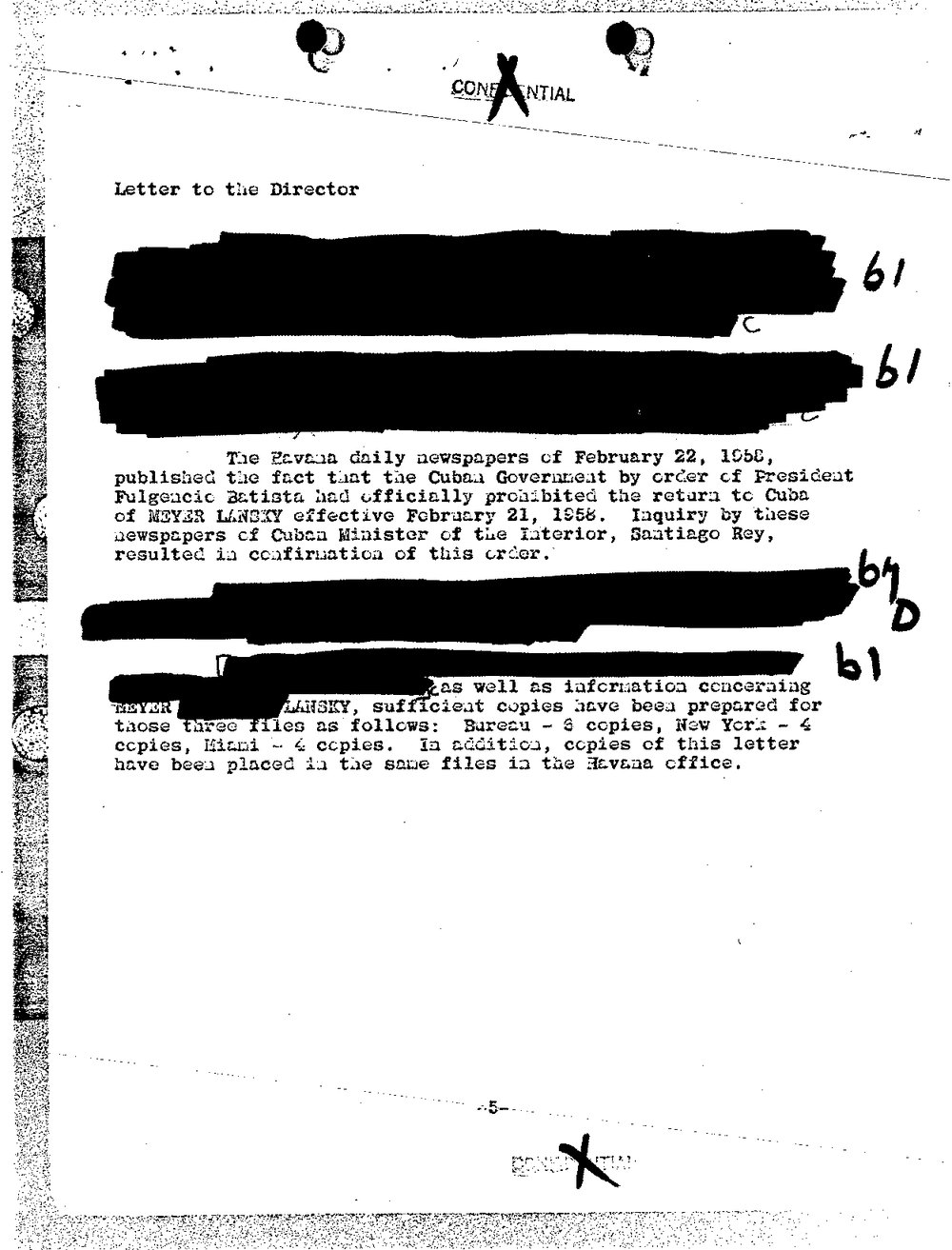 Viewer page 19 of Part 04 of the FBI Vault's Meyer Lansky file: page 5 of a typed letter to the Director, with several lines blacked out under exemption b1, and a paragraph on the Havana daily newspapers of February 22, 1958 reporting that President Fulgencio Batista had prohibited Meyer Lansky's return to Cuba.