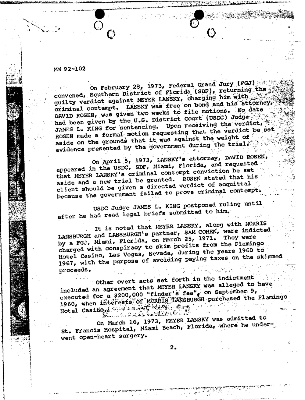 Typed page 2 of an FBI Miami report, file MM 92-102, on Meyer Lansky's criminal contempt case and the 1971 Flamingo skimming indictment, from the FBI Vault, Meyer Lansky Part 22, scan 64