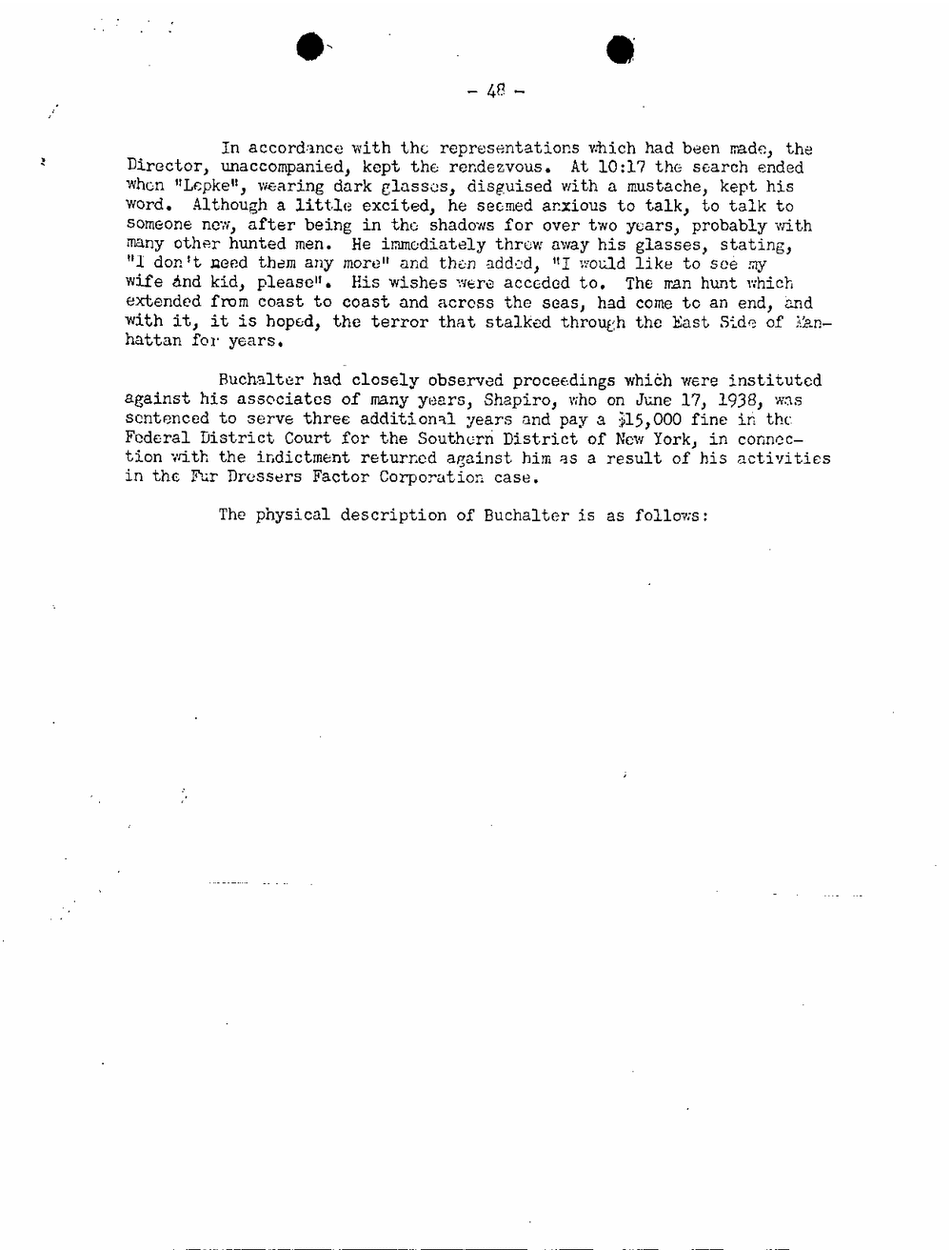 Typed FBI report page numbered 48 describing Buchalter's surrender at 10:17 and Shapiro's June 17, 1938 sentence, from the FBI Vault, Buchalter Part 03, page 16