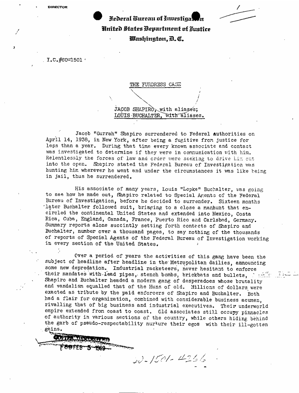 First page of a typed Federal Bureau of Investigation narrative headed I.C. #60-1501, The Furdress Case, Jacob Shapiro with aliases, Louis Buchalter with aliases, from the FBI Vault, Buchalter Part 03, page 6