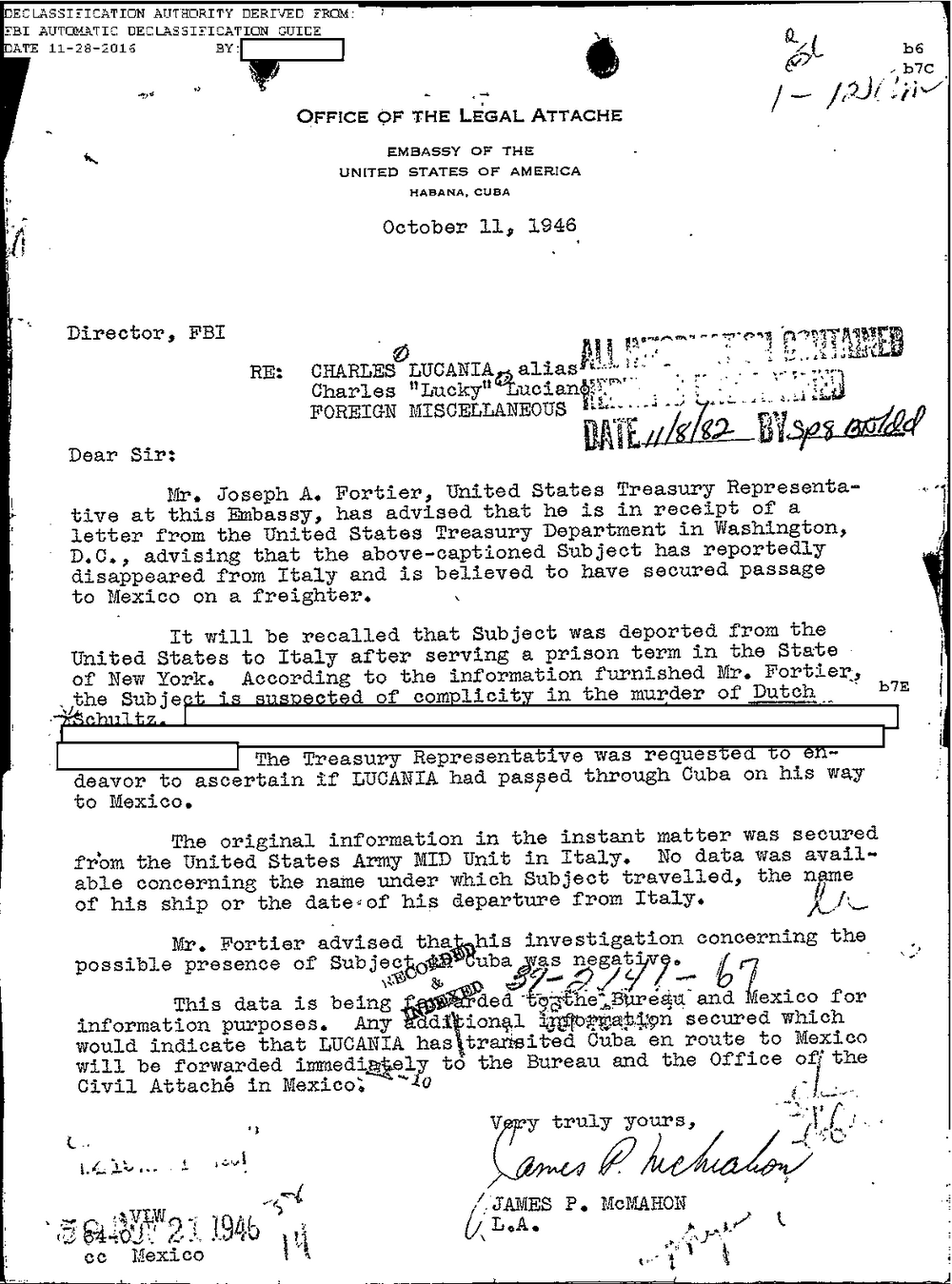 Viewer page 195 of Part 01 of the FBI Vault's Luciano file: a letter on the letterhead of the Office of the Legal Attache, Embassy of the United States of America, Habana, Cuba, dated October 11, 1946, to the Director, FBI, re Charles Lucania, alias Charles Lucky Luciano, Foreign Miscellaneous, signed James P. McMahon, L.A., with a redacted line.