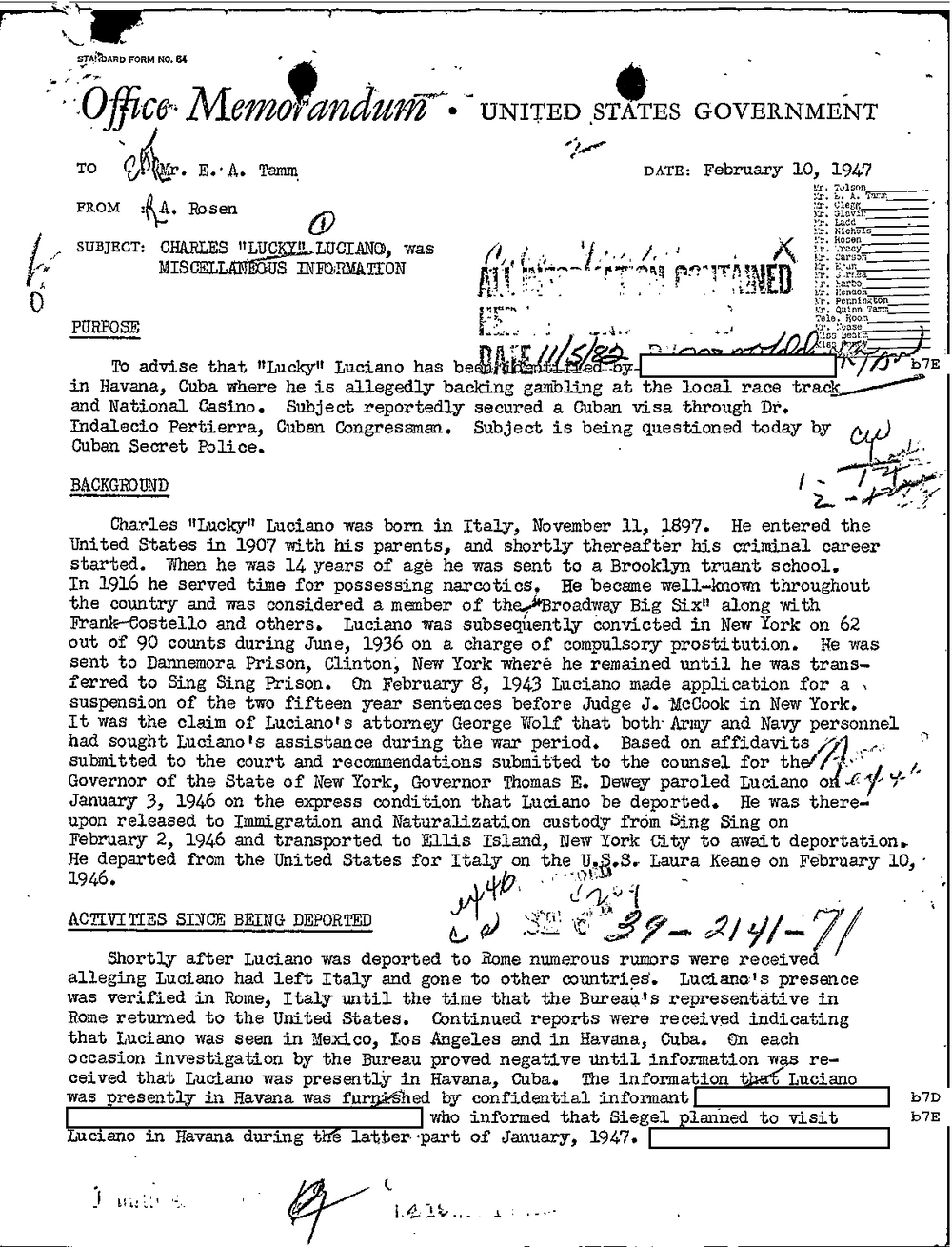 Viewer page 201 of Part 01 of the FBI Vault's Luciano file: a United States Government Office Memorandum dated February 10, 1947, to Mr. E. A. Tamm from A. Rosen, subject Charles Lucky Luciano, Miscellaneous Information, with sections headed Purpose, Background and Activities Since Being Deported, and redacted informant lines.