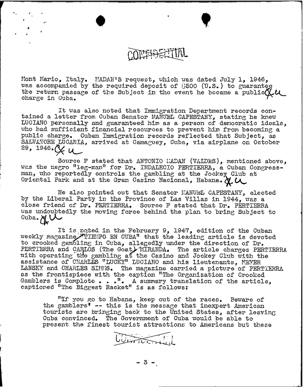 Viewer page 214 of Part 01 of the FBI Vault's Luciano file: page 3 of a typed FBI report, with paragraphs on the Cuban visa deposit, Senator Manuel Capestany's letter, Luciano's arrival at Camaguey on October 29, 1946, Dr. Indalecio Pertierra and the Jockey Club and Gran Casino Nacional, and the February 9, 1947 Tiempo en Cuba article.