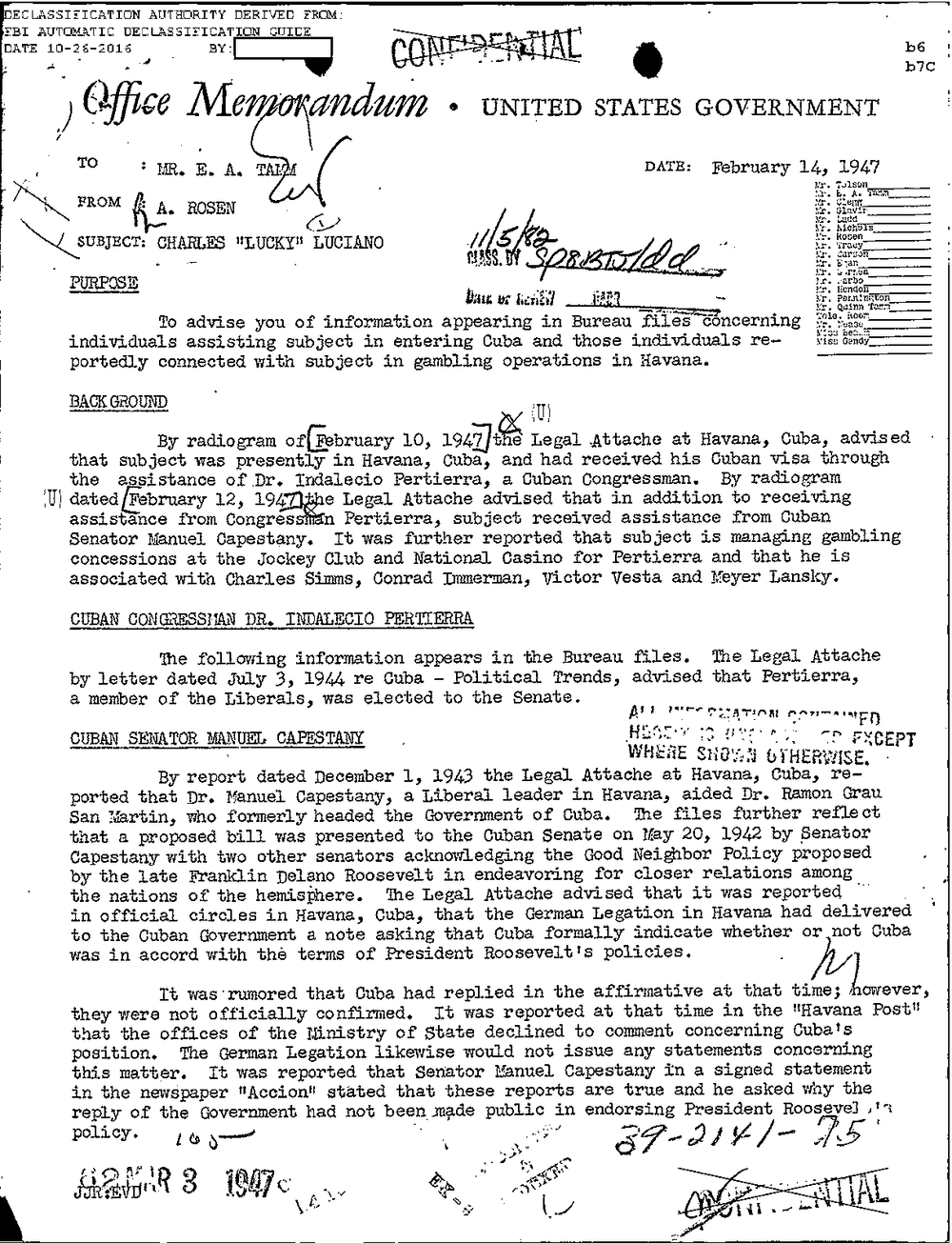 Viewer page 206 of Part 01 of the FBI Vault's Luciano file: a United States Government Office Memorandum dated February 14, 1947, to Mr. E. A. Tamm from A. Rosen, subject Charles Lucky Luciano, with sections headed Purpose, Background, Cuban Congressman Dr. Indalecio Pertierra and Cuban Senator Manuel Capestany.