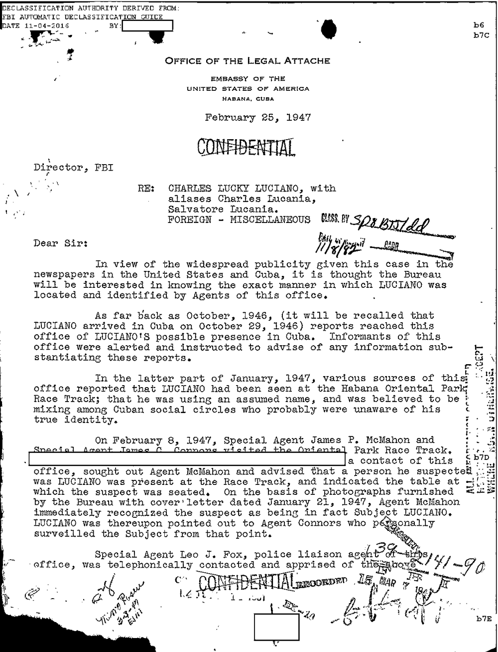 Viewer page 245 of Part 01 of the FBI Vault's Luciano file: the first page of a letter on the letterhead of the Office of the Legal Attache, Embassy of the United States of America, Habana, Cuba, dated February 25, 1947, to the Director, FBI, re Charles Lucky Luciano, with aliases Charles Lucania, Salvatore Lucania, with a redacted line.
