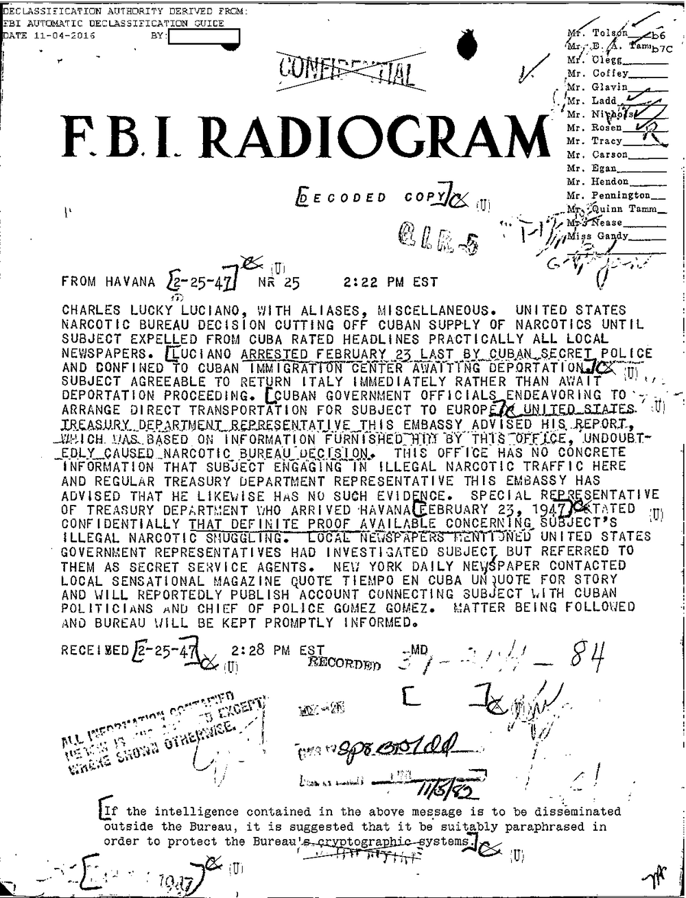 Viewer page 234 of Part 01 of the FBI Vault's Luciano file: a decoded FBI radiogram from Havana dated 2-25-47, received at 2:28 PM EST, in capital letters, about the Narcotic Bureau decision, Luciano's arrest and confinement to the Cuban immigration center, and the Treasury representatives' reports.