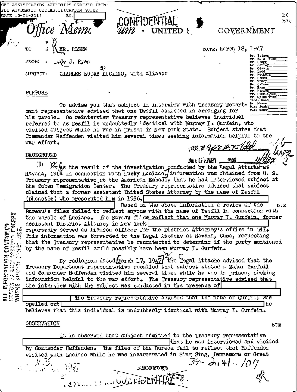 Viewer page 269 of Part 01 of the FBI Vault's Luciano file: a United States Government Office Memorandum dated March 18, 1947, to Mr. Rosen from J. Ryan, subject Charles Lucky Luciano, with aliases, with sections headed Purpose, Background and Observation and several redacted lines.