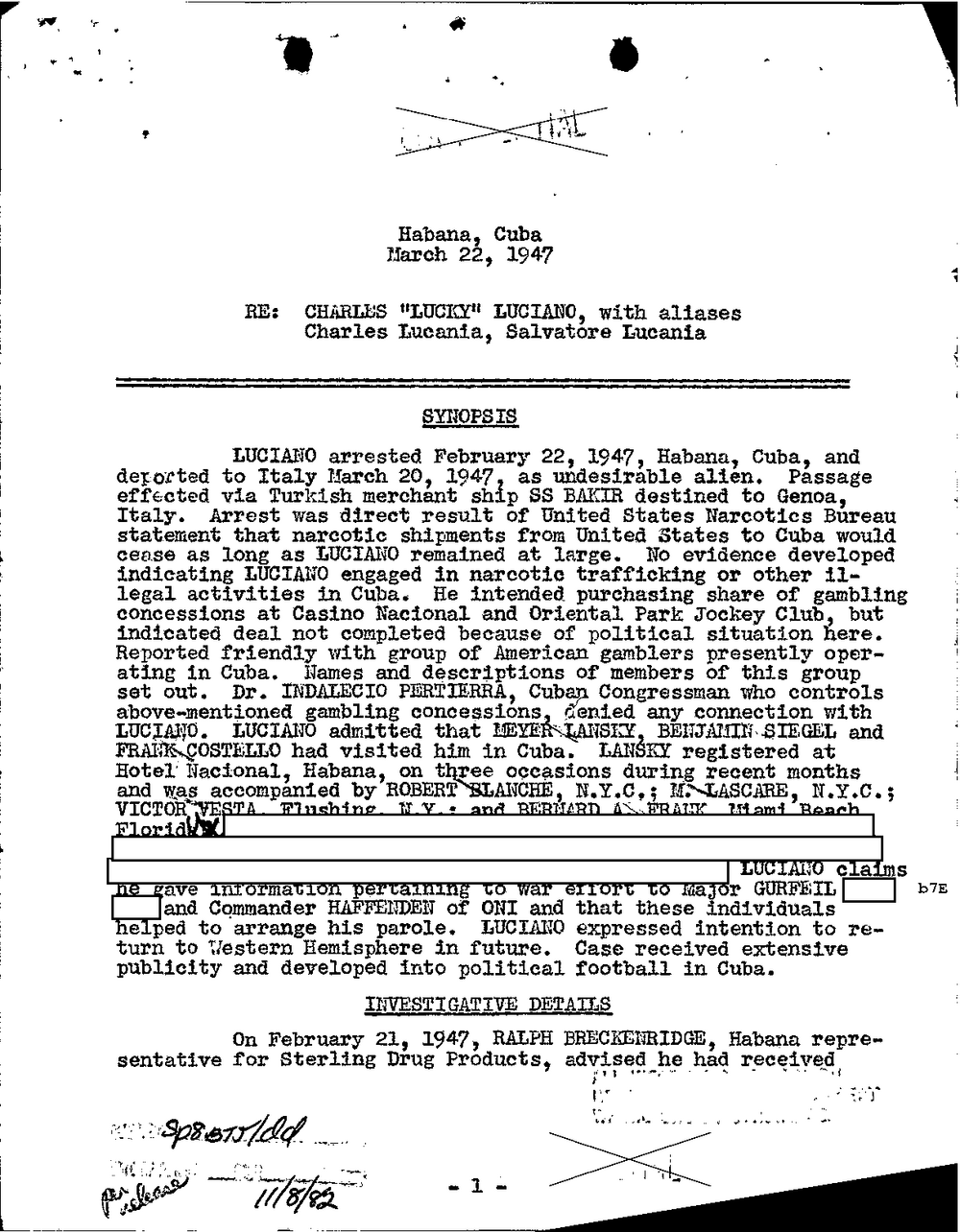 Viewer page 278 of Part 01 of the FBI Vault's Luciano file: the synopsis page of an FBI report headed Habana, Cuba, March 22, 1947, re Charles Lucky Luciano, with aliases Charles Lucania, Salvatore Lucania, beginning Luciano arrested February 22, 1947, with several redacted lines and the heading Investigative Details below.