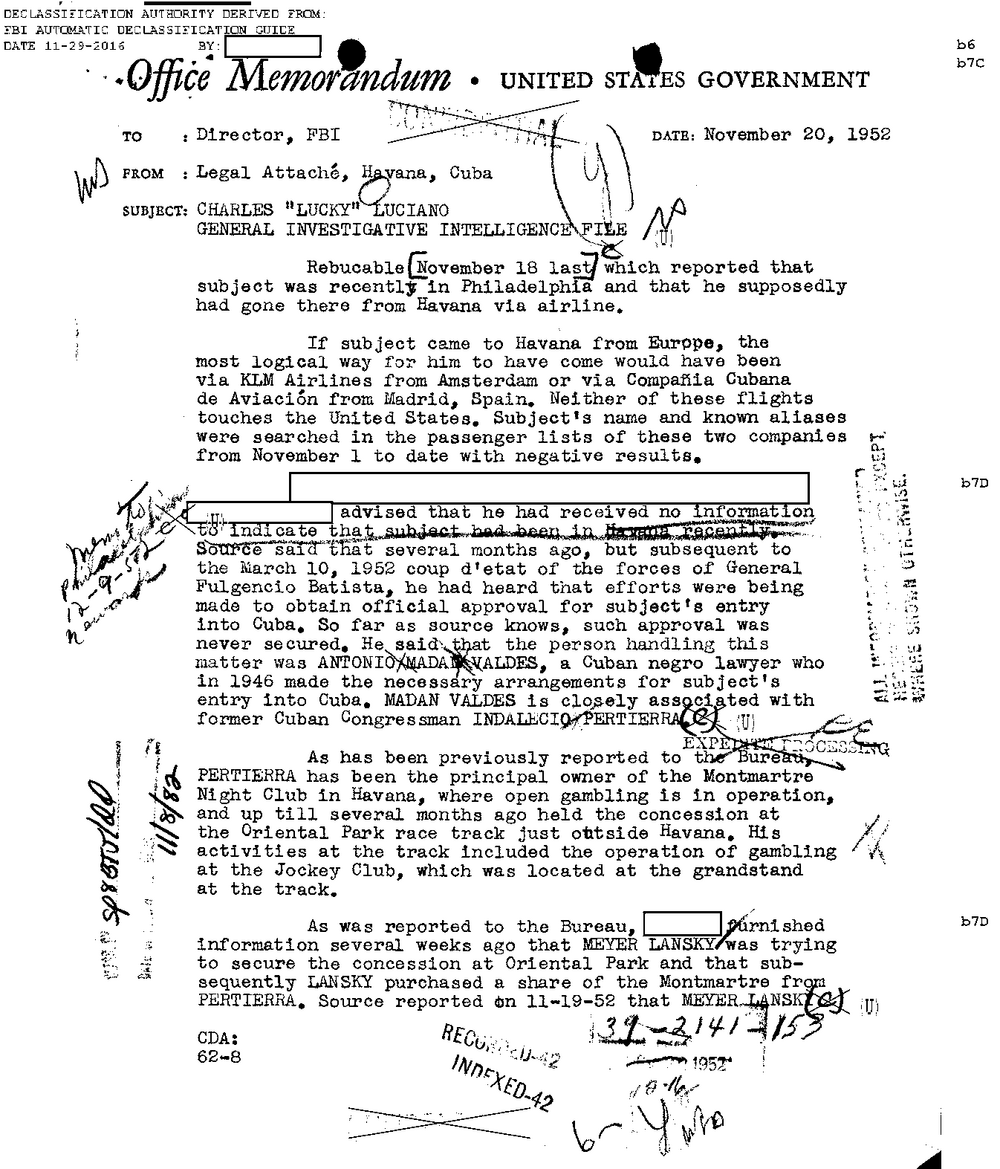 Viewer page 432 of Part 01 of the FBI Vault's Luciano file: a United States Government Office Memorandum dated November 20, 1952, to the Director, FBI, from the Legal Attache, Havana, Cuba, subject Charles Lucky Luciano, General Investigative Intelligence File, with redacted source lines.