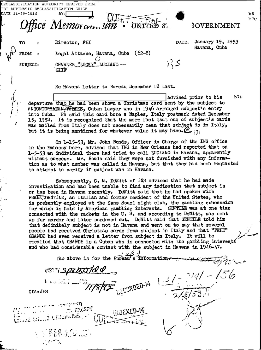 Viewer page 436 of Part 01 of the FBI Vault's Luciano file: a United States Government Office Memorandum dated January 19, 1953, Havana, Cuba, to the Director, FBI, from the Legal Attache, Havana, Cuba (62-8), subject Charles Lucky Luciano, with a redacted source line.